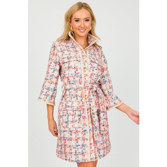 Easel Tweed Belted Shirt Dress/Coat, Teal Blush - Picture 3 of 11